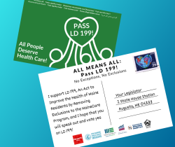 Front and back graphic of a green postcard in support of LD 199.