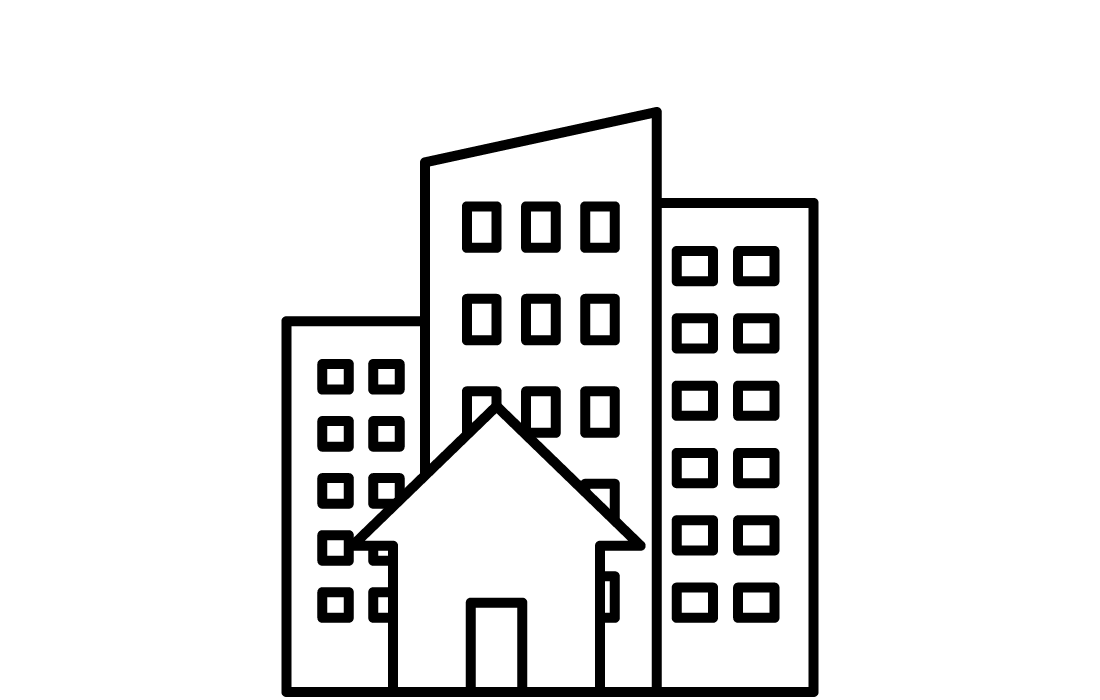 cityscape with three tall buildings and a house iconography